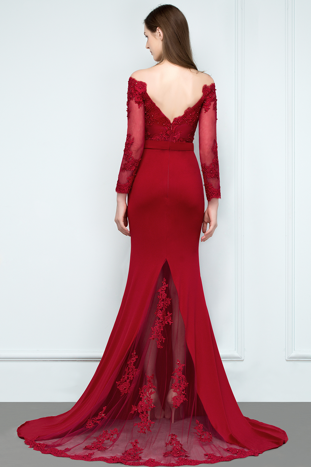 JOYCE | Mermaid Floor Length V-neck Off-shoulder Long Sleeves Appliqued Prom Dresses-newarrivaldress