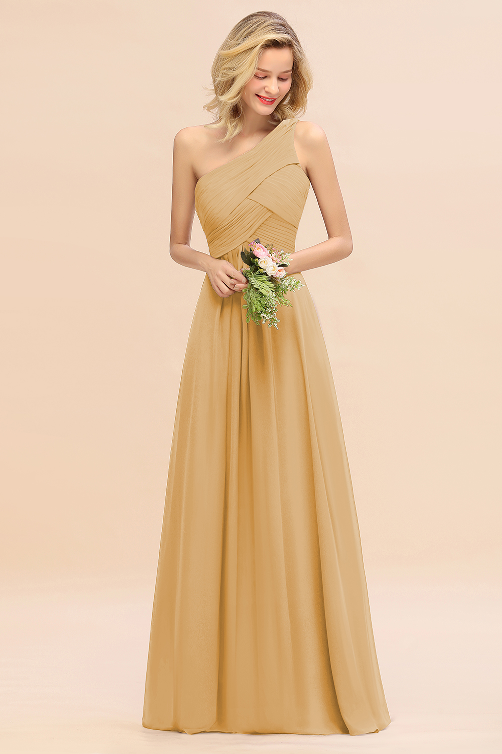 Elegant Ruched Chiffon One Shoulder Bridesmaid Dress Long Sleeveless Evening Dress-newarrivaldress