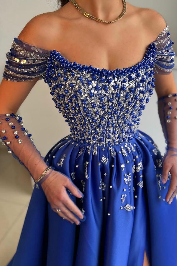 Off-the-Shoulder Beadings Royal Blue Prom Dress Side Split Evening Dress-newarrivaldress