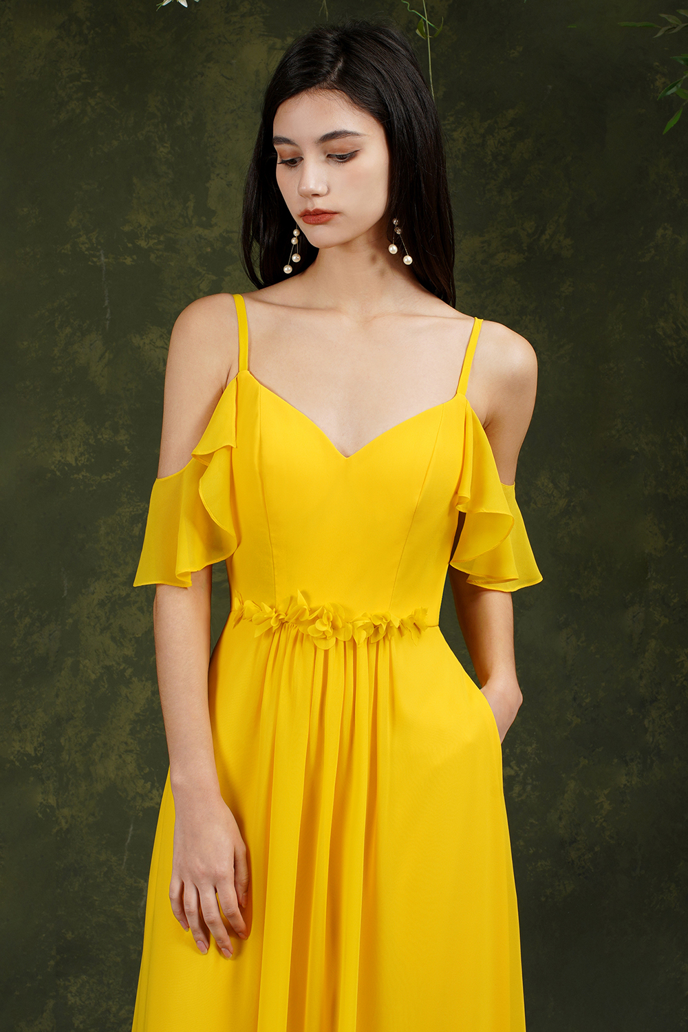 Ruffles Spaghetti Straps Chiffon Bridesmaid Dress Aline Wedding Guest Dress with Pockets-newarrivaldress
