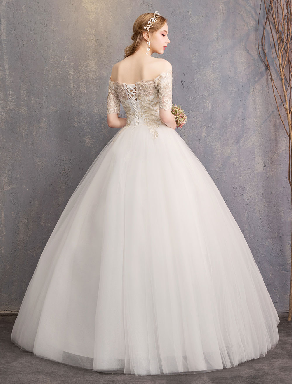 Tulle Wedding Dress Off The Shoulder Half Sleeve Princess Bridal Gown-newarrivaldress