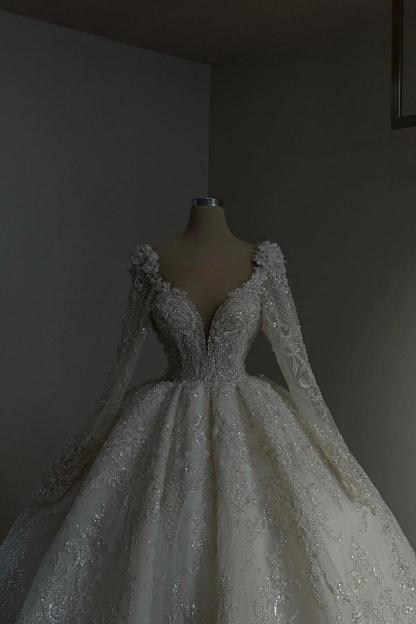 Luxury Long Sleeves Aline Wedding Dress Glitter Sequins Ball Gown with Appliques-newarrivaldress