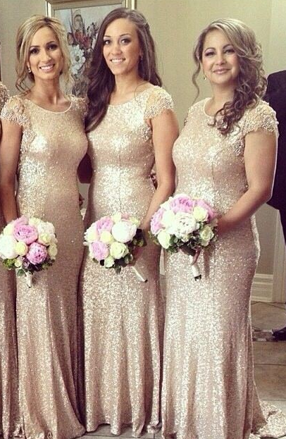 Sequined Crystal Short SleeveBridesmaid Dress Sexy Sweep Train Wedding Party Dresses-newarrivaldress