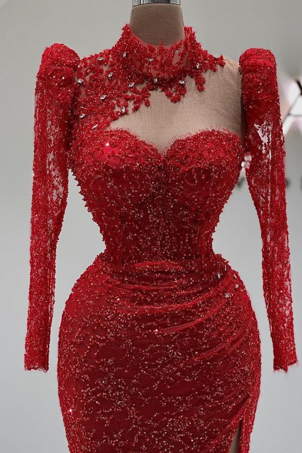 Luxurious Red Long Sleeves Pearls Mermaid Prom Dress High Neck Sequins Party Dress-newarrivaldress