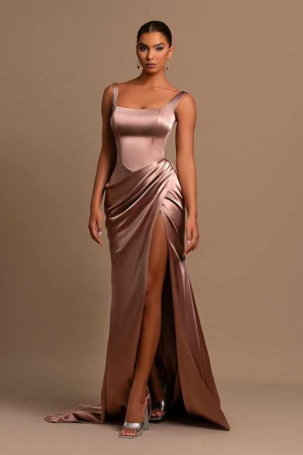 Square Neck Mermaid Side Slit Prom Dress Ruched Satin Long Evening Party Dress-newarrivaldress