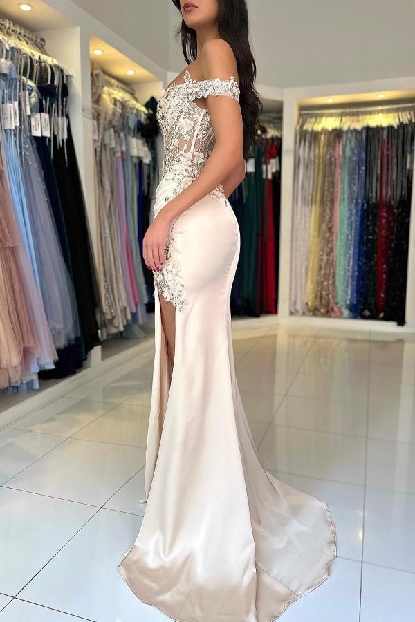 Off-the-Shoulder Sweetheart Ruched Satin Side Split Prom Dresses with Appliques-newarrivaldress
