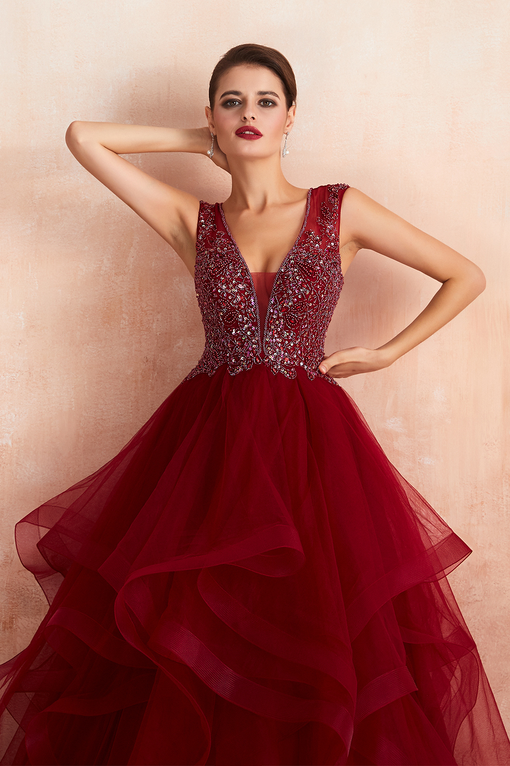Amazing Deep V-Neck Burgundy Layers Tulle Long Evening Dress Sparkly Beadings Sequins Party Dress-newarrivaldress