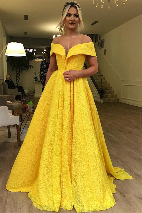 Yellow A-Line Off The Shoulder Lace Evening Dresses-newarrivaldress