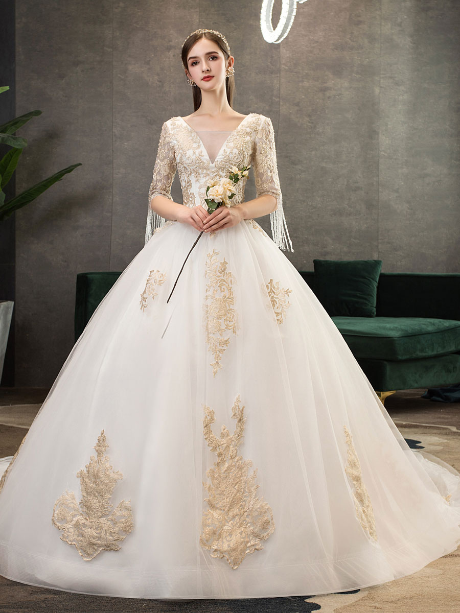 Princess Wedding Dress Ivory Lace Applique V Neck Half Sleeve Bridal Gown With Train-newarrivaldress