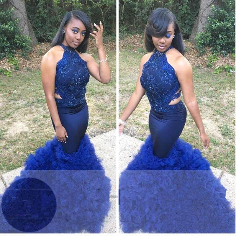 Royal Blue Halter Sleeveless Prom Gown | Sexy Flower Appliques Mermaid Evening Dress-newarrivaldress