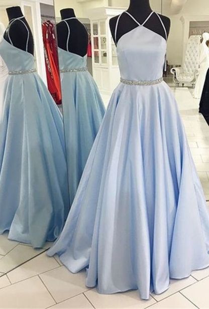 Simple Sky Blue Sleeveless Beads Custom Made A-line Zipper Prom Dresses-newarrivaldress
