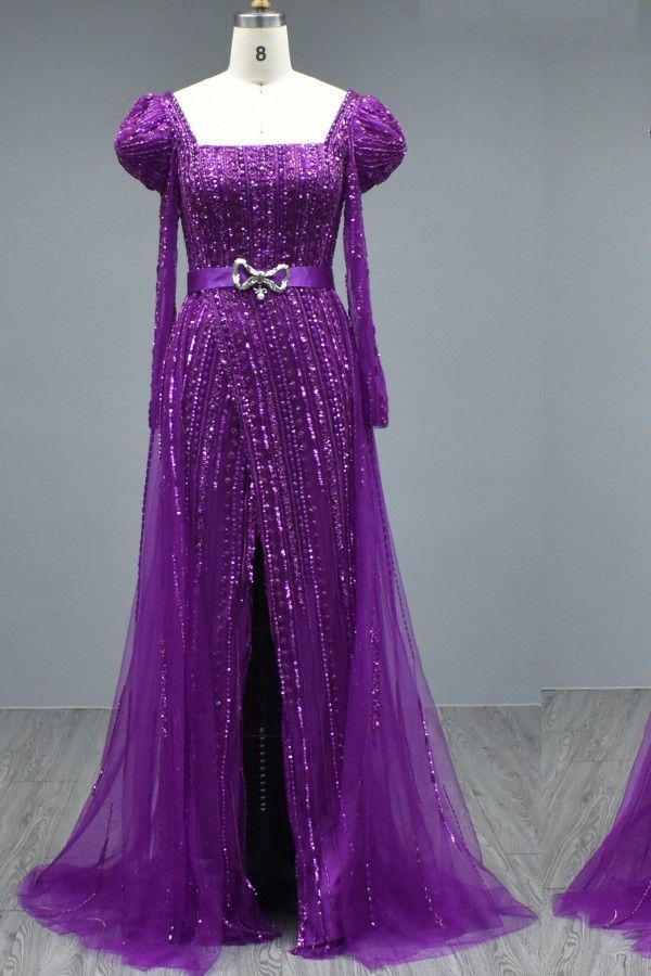 Gorgeous Grape Sparkly Sequins Puffy Sleeves Long Evening Gown Front Slit with Tulle Sweep Train-newarrivaldress
