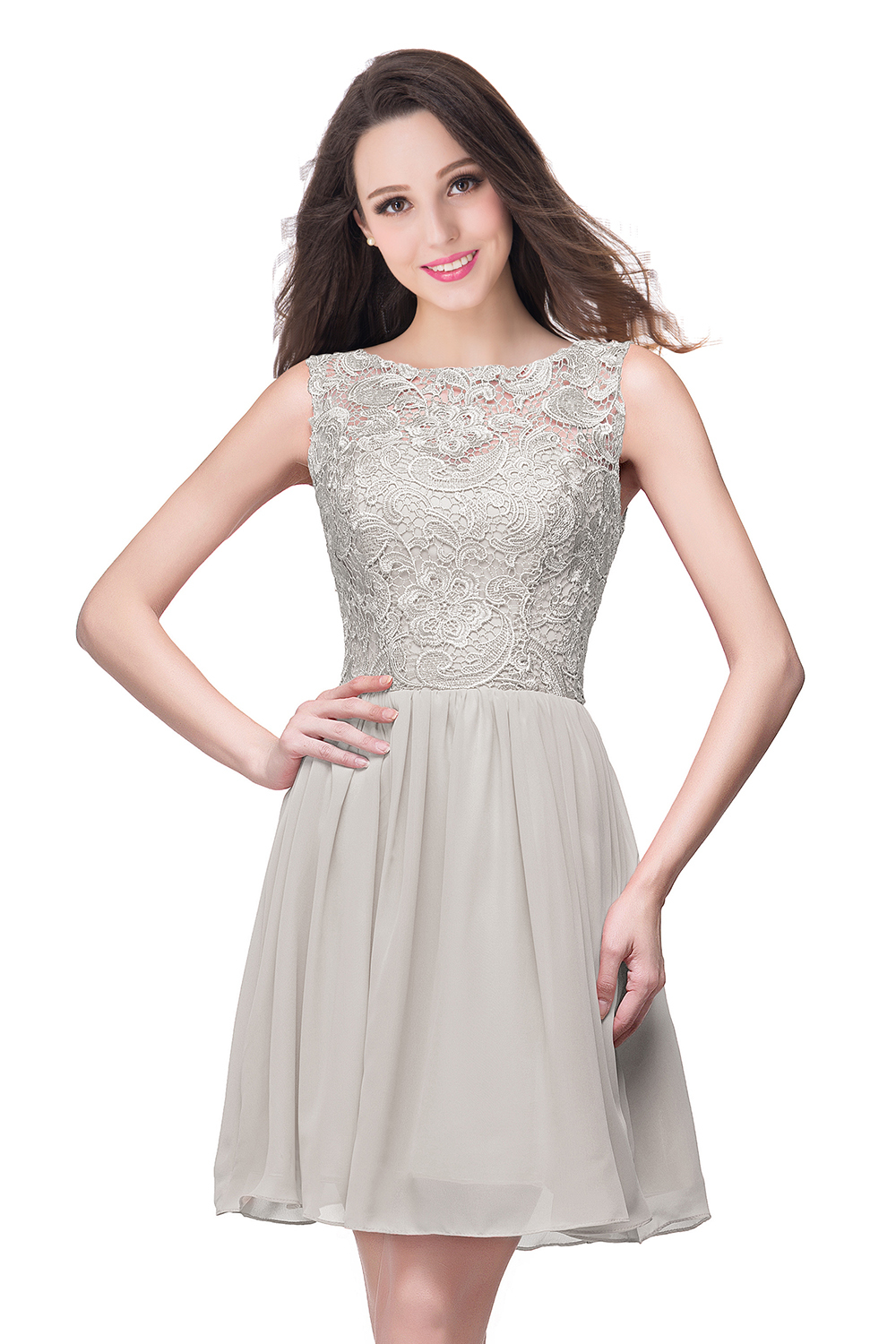 ELIANA | A-line Short Sleeveless Bateau Chiffon Ruffles Lace Top Prom Dresses-newarrivaldress