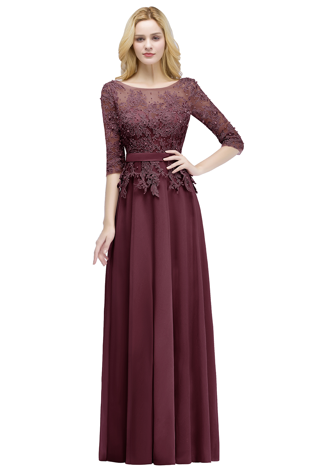 PAMELA | A-line Floor Length Half Sleeves Appliques Bridesmaid Dresses with Sash-newarrivaldress