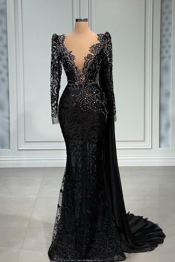 Stylish Black Aline Mermaid Evening Dress Deep V-Neck Beadings Long Sleeves Prom Dress-newarrivaldress