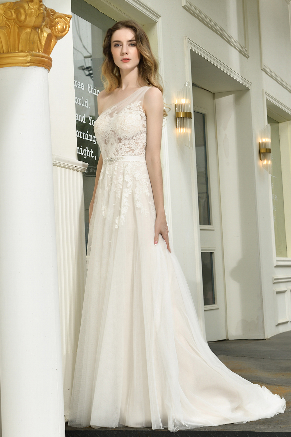 Elegant One Shoulder A-line Wedding Dress Lace Appliques-newarrivaldress