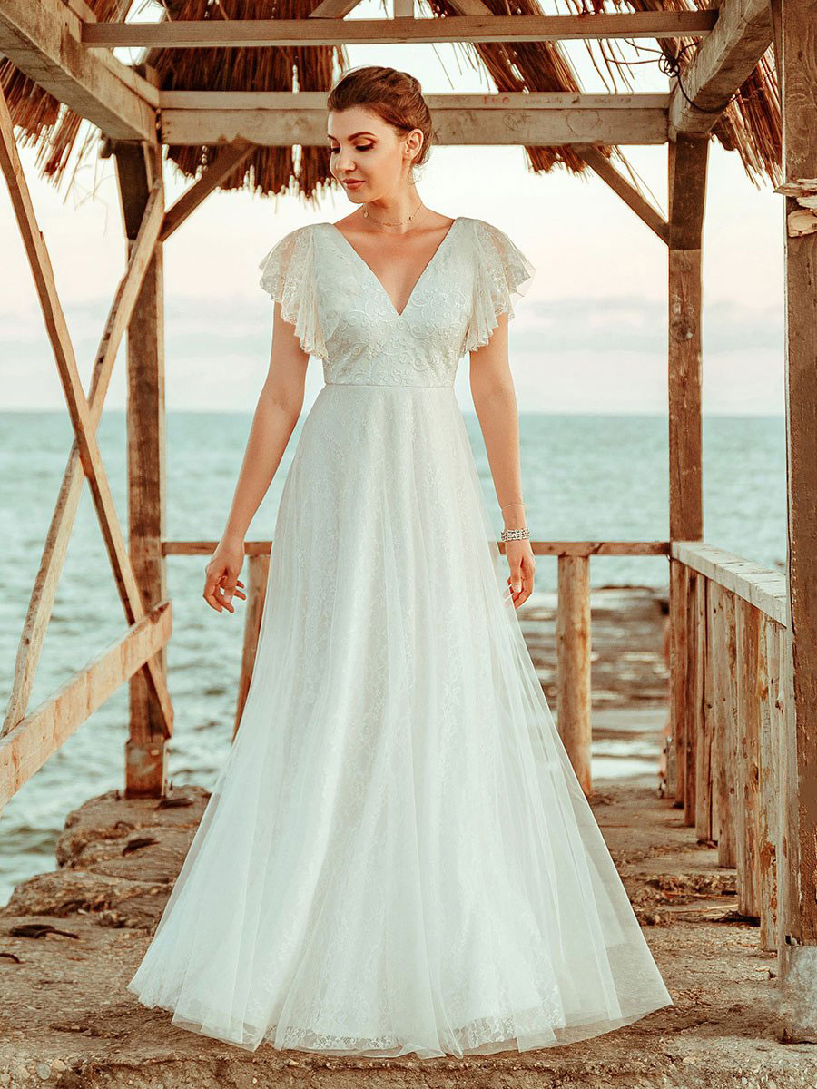 Simple Wedding Dress 2021 A Lne V Neck Short Sleeve Floor Length Tulle Beach Wedding Party Dresses Bridal Gowns-newarrivaldress