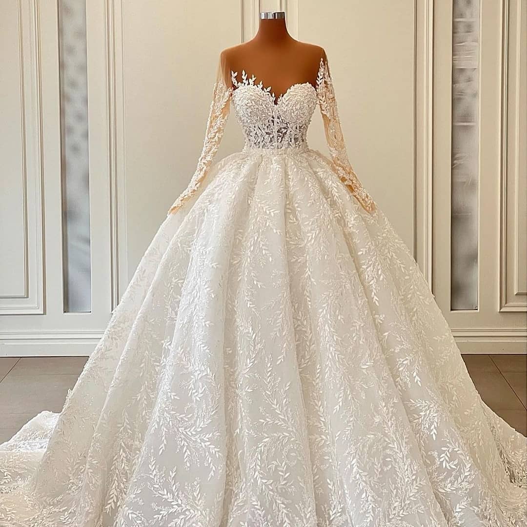 Gorgeous Sweetheart Floral Aline Bridal Gown Long Sleeves Wedding Dress-newarrivaldress