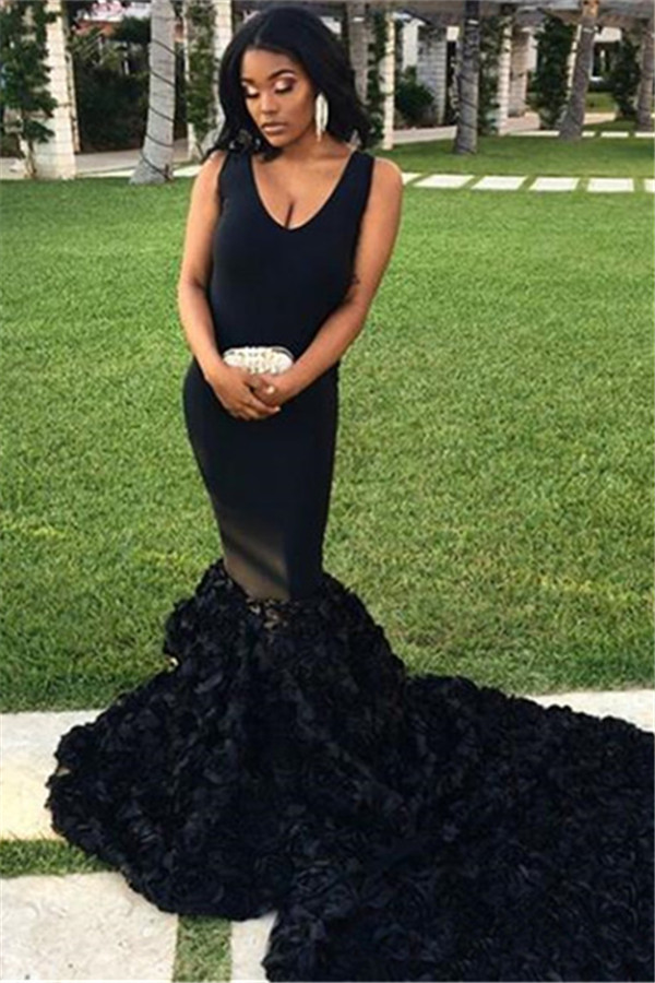 Black Sleeveless Mermaid Prom Dresses | 2021 Sexy Straps V-Neck Flowers Evening Gowns-newarrivaldress