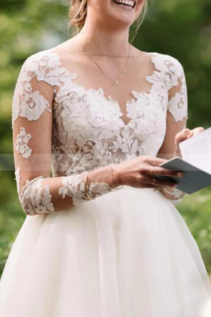 White Tulle Long Sleeves Simple Wedding Dress Floor Length Puffy Dress for Bride-newarrivaldress