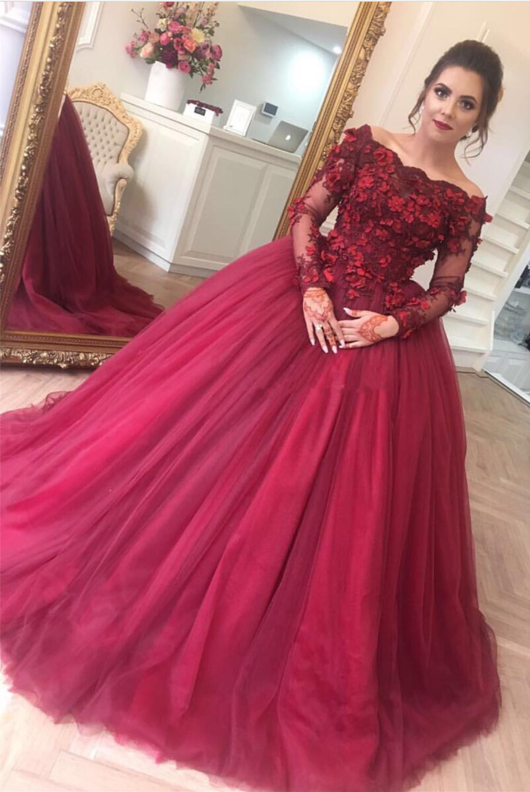 Modern Off-the-shoulder Long Sleeve Burgundy Ball Gown Evening Dress | Plus Size Prom Dress-newarrivaldress