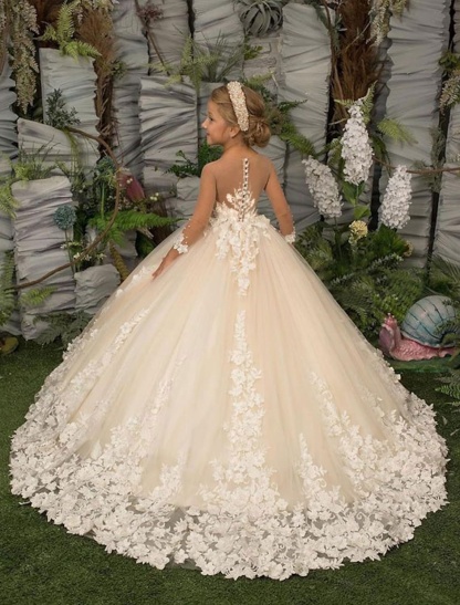 Elegant Long Sleeves Flower Girl Dress Princess Tulle Lace Appliques Pageant Dress-newarrivaldress