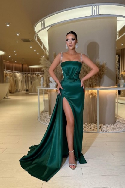 Amazing Satin Side Slit Long Prom Dress Glitter Spaghetti Straps Evening Party Dress-newarrivaldress