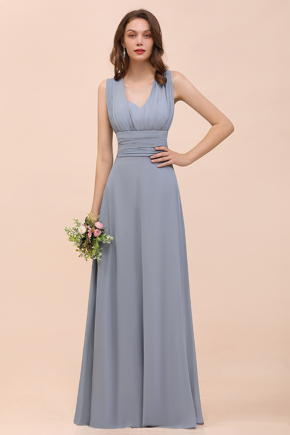 Dusty Blue Chiffon Convertible Bridesmaid Dress Sleeveless Aline Wedding Party Dress-newarrivaldress