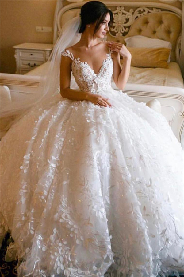 Lace Appliques Princess Wedding Dresses 2021 | Sleeveless Sheer Tulle Neckline Ball Gown Wedding Dress-newarrivaldress