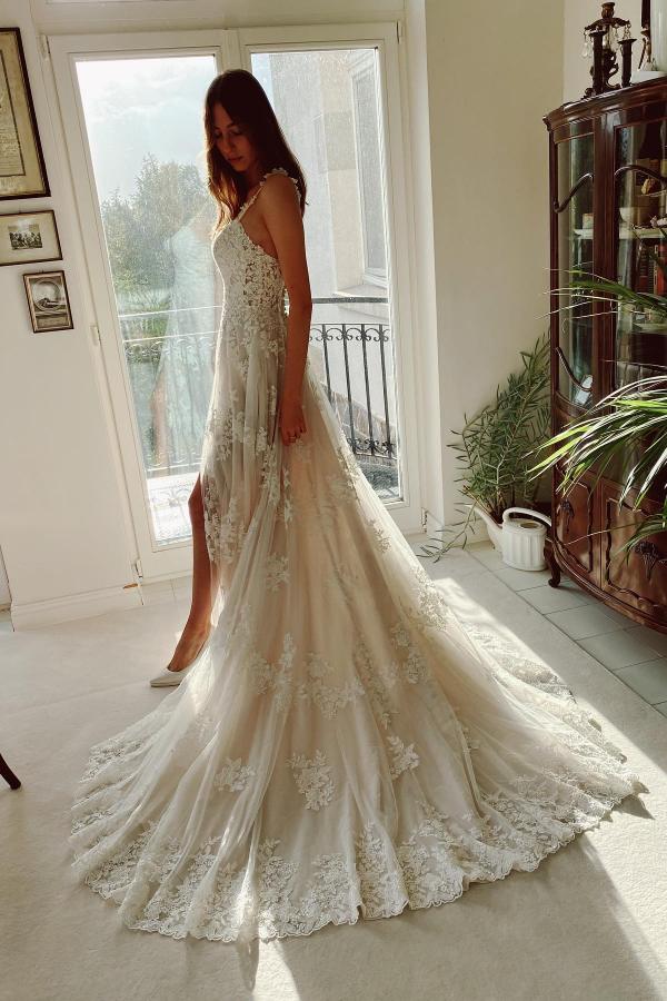 White Floral Lace Wedding Dress Aline Tulle Garden Bridal Dress-newarrivaldress