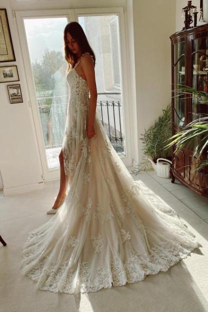 White Floral Lace Wedding Dress Aline Tulle Garden Bridal Dress-newarrivaldress