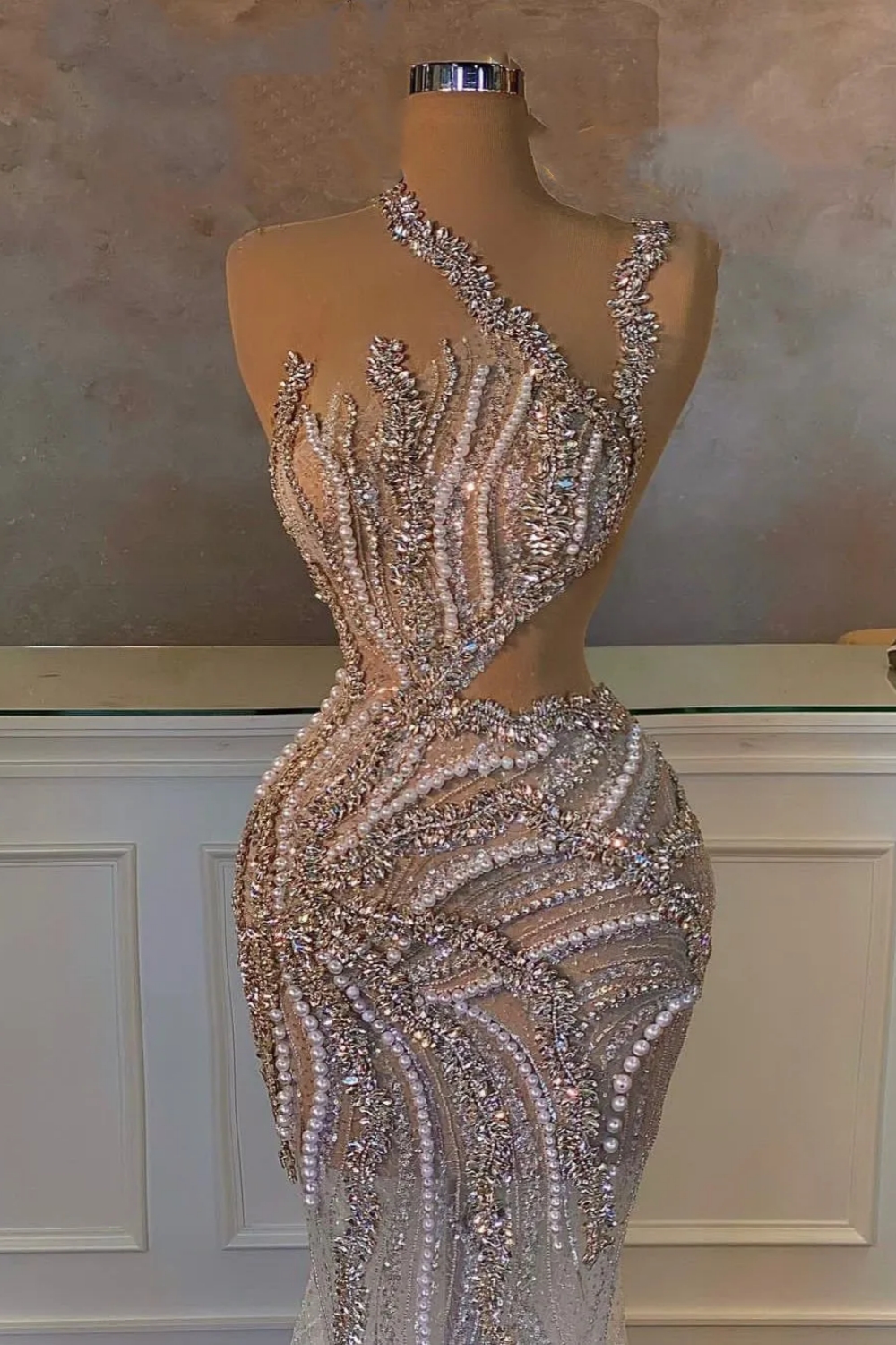 One Shoulder Beaded Appliques Sequins Pearls Evening Dress Sleeveless Floor Length Celebrity Formal Prom Dresses-newarrivaldress