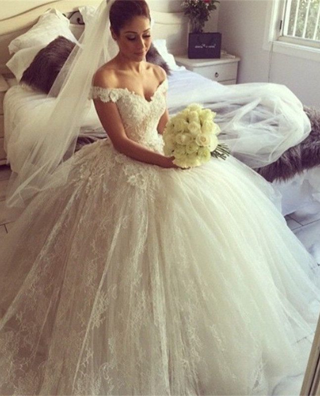Sexy Off The Shoulder Fluffy Tulle Lace Appliques Ball Gown Wedding Dresses-newarrivaldress