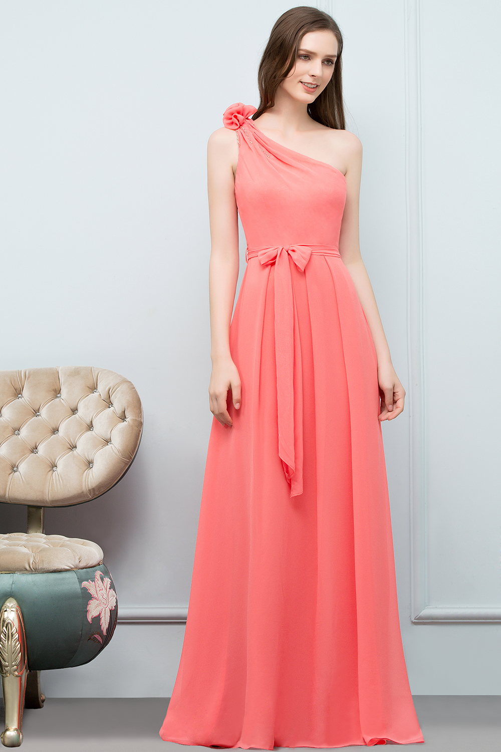 VALERIA | A-line One Shoulder Floor Length Chiffon Prom Dresses with Bow Sash-newarrivaldress