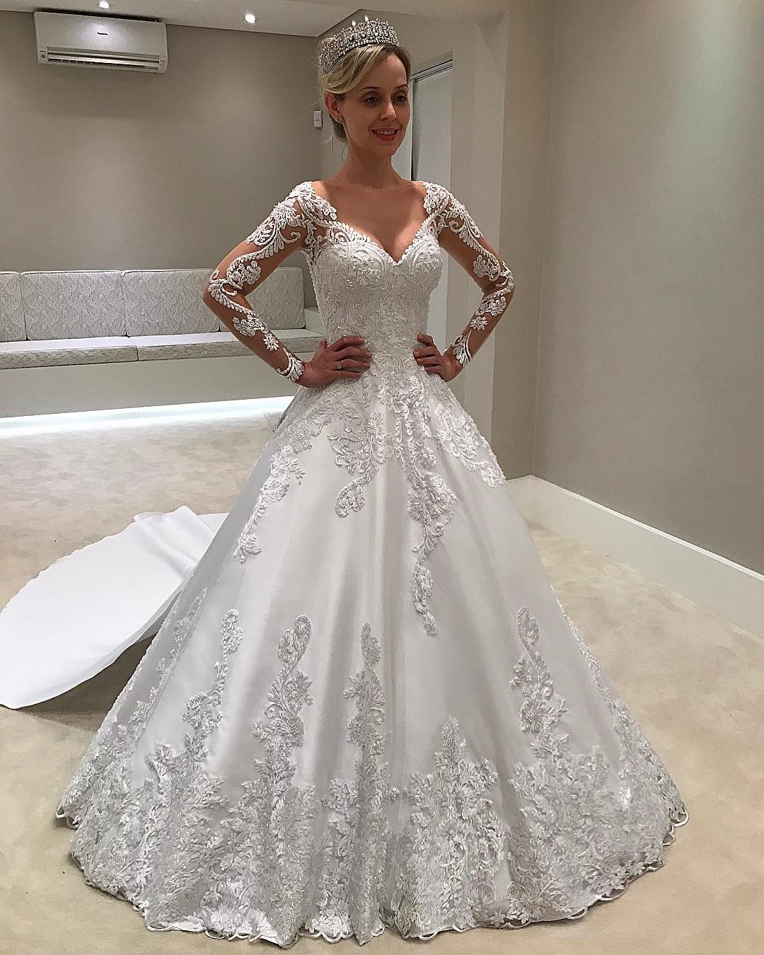 Long Sleeve Satin V-Neck Appliques A-Line Wedding Dresses Sexy-newarrivaldress