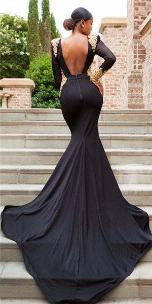 Sexy Mermaid Long-Sleeves Crystal Deep-V-Neck Black Prom Dresses | Long Prom Dress-newarrivaldress