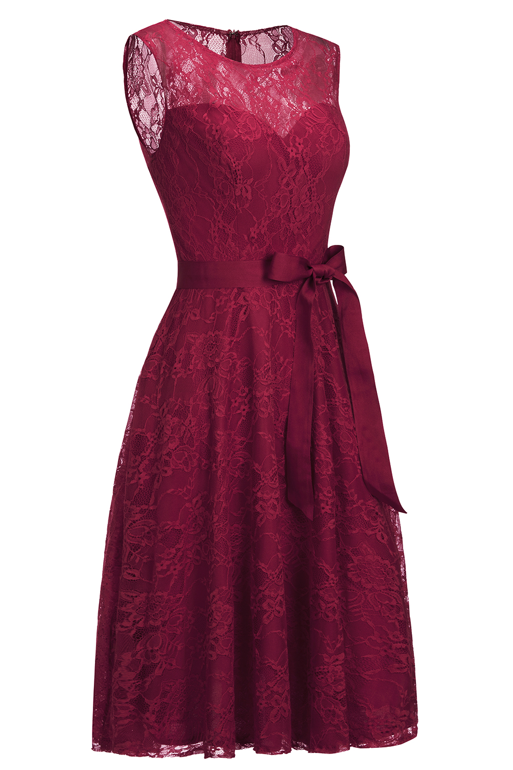 A-line Sleeveless Burgundy Lace Dresses with Bow-newarrivaldress