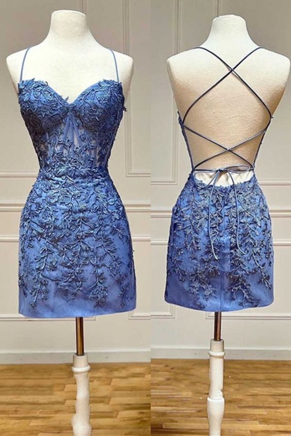Spaghetti Straps Sweetheart Floral Lace Mini Party Dress Short Homecoming Dress with Lace-up-newarrivaldress