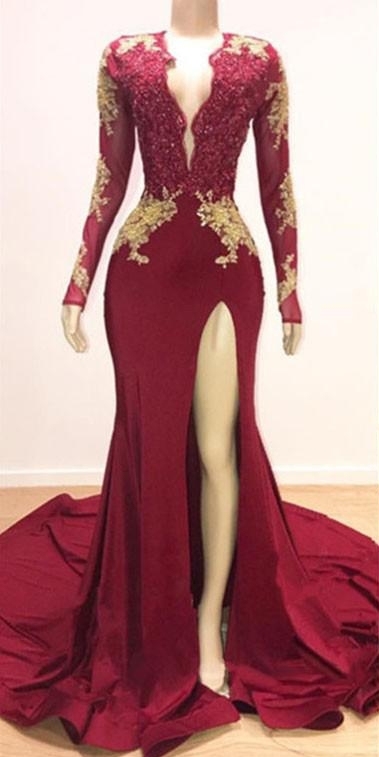 Deep V-neck Long Sleeve Prom Dresses with Slit | Lace Appliques Sexy Burgundy Evening Gowns-newarrivaldress