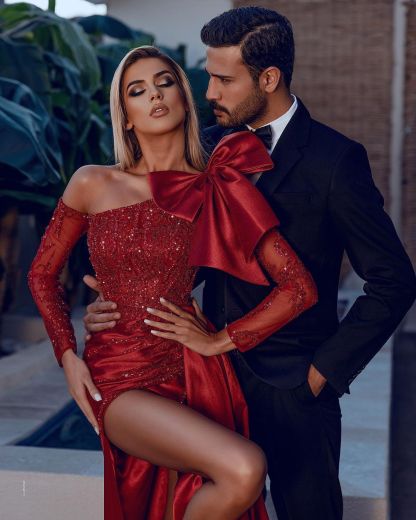 Sexy Red Prom Dress with Long Sleeves|Satin Sequins Side Slit Party Dress with Detachable Train-newarrivaldress