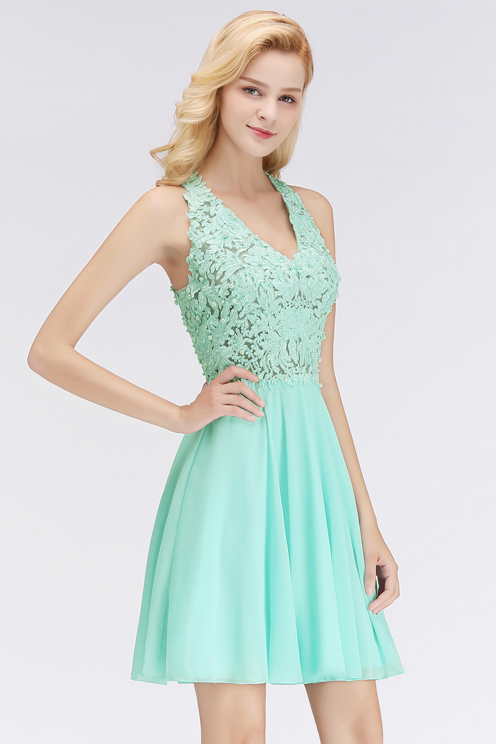 NONA | A-line V-neck Sleeveless Short Appliques Chiffon Homecoming Dresses-newarrivaldress