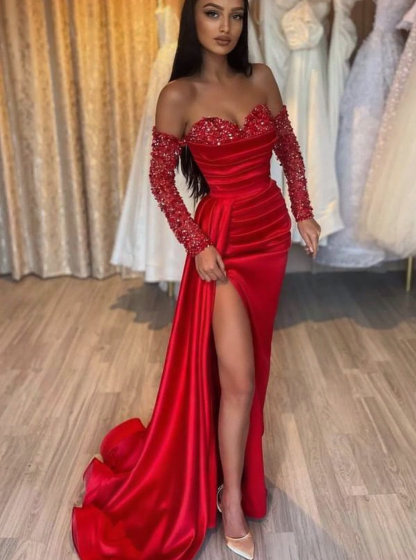 Sweetheart Satin Mermaid Prom Dress Glitter Sequins Side Slit Evening Dress with Sleeves