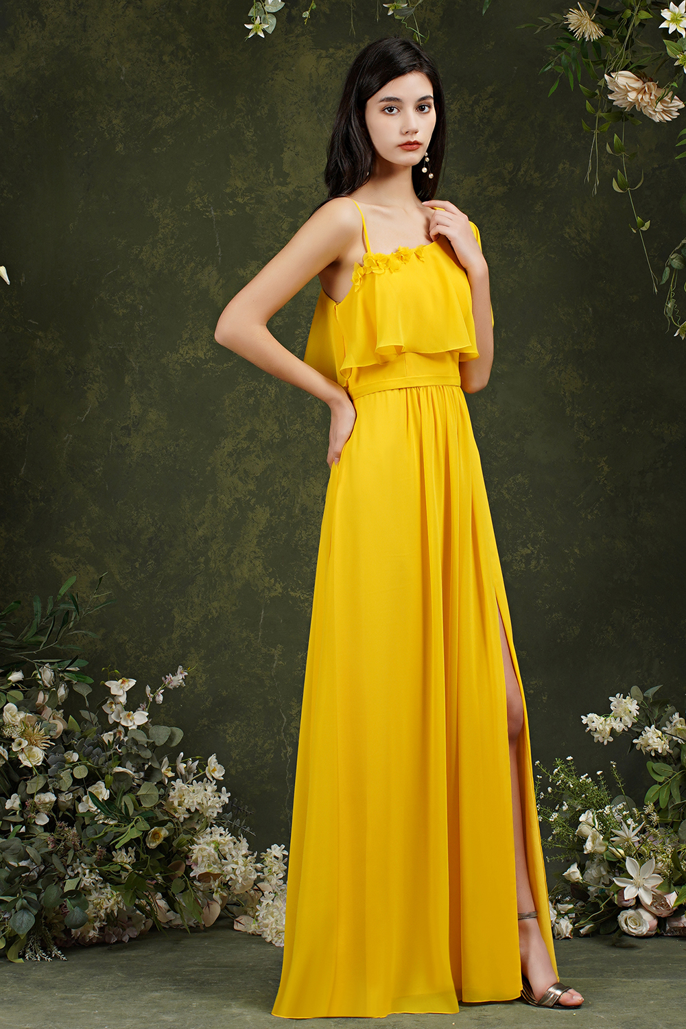Yellow One Shoulder Chiffon Bridesmaid Dress Side Slit Long Evening Dress-newarrivaldress