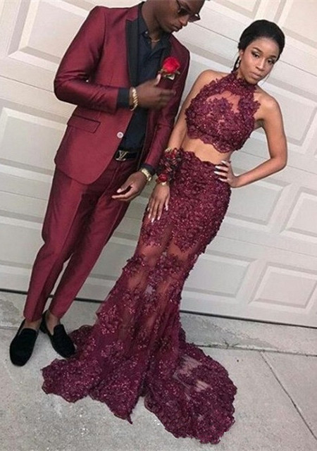 Lace Halter Burgundy Prom Dress, burgundy prom dress online-newarrivaldress