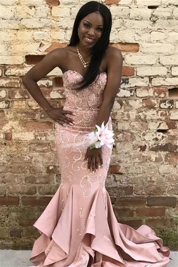 Gorgeous Pink Mermaid Strapless Ruffles Crystal Prom Dresses-newarrivaldress