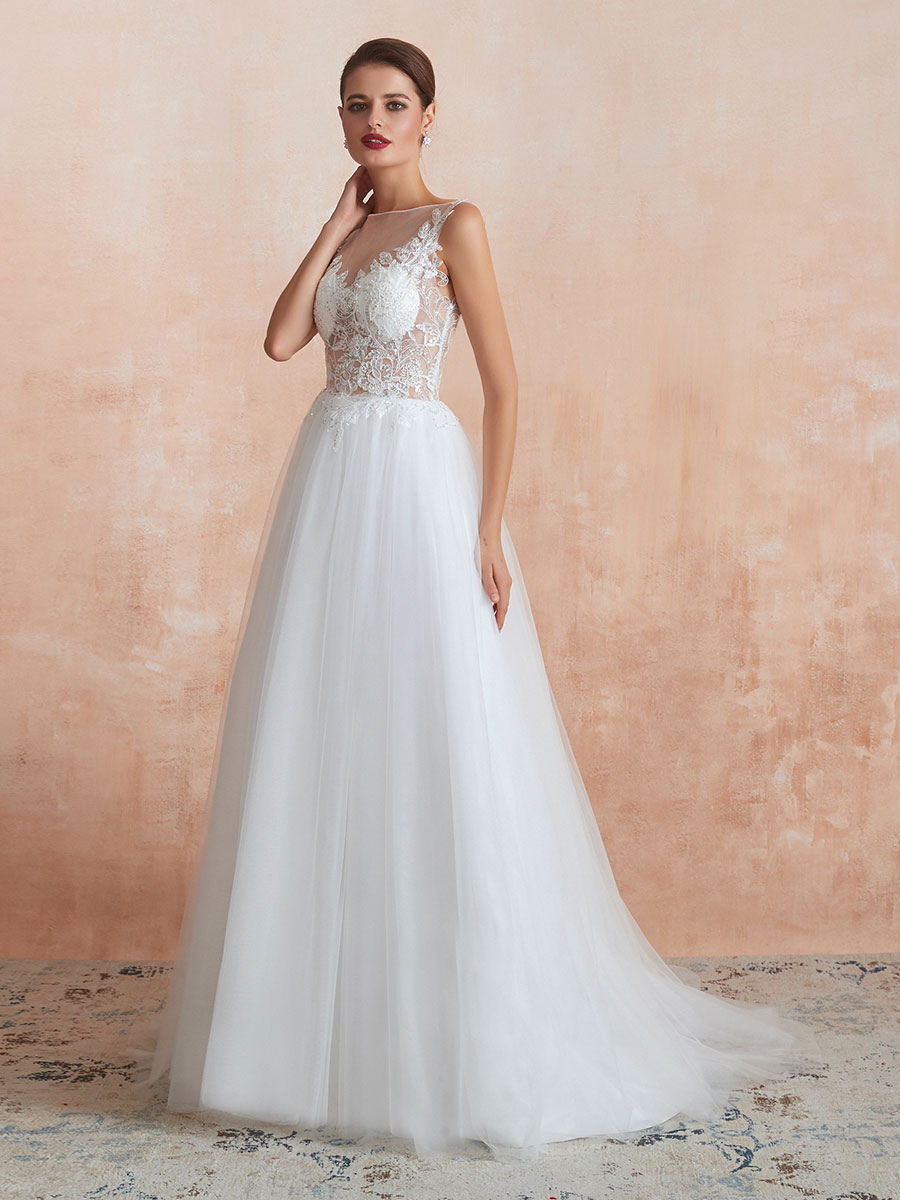 Wedding Dress 2021 A Line Sleeveless Lace Floor Length Tulle Bridal Gowns With Train-newarrivaldress