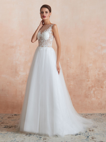 Wedding Dress 2021 A Line Sleeveless Lace Floor Length Tulle Bridal Gowns With Train-newarrivaldress