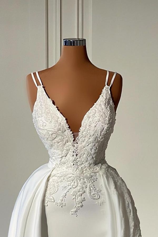 Stunning White Lace Mermaid Wedding Dress V-Neck Appliques Bridal Gown-newarrivaldress