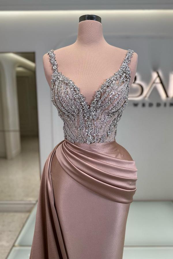 Charming Ruched Satin Mermaid Evening Dress Glitter Crystals V-neck Prom Dress with Straps-newarrivaldress