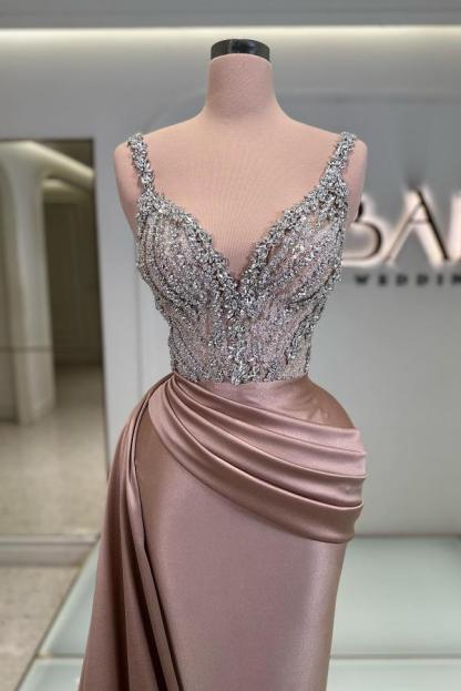 Charming Ruched Satin Mermaid Evening Dress Glitter Crystals V-neck Prom Dress with Straps-newarrivaldress